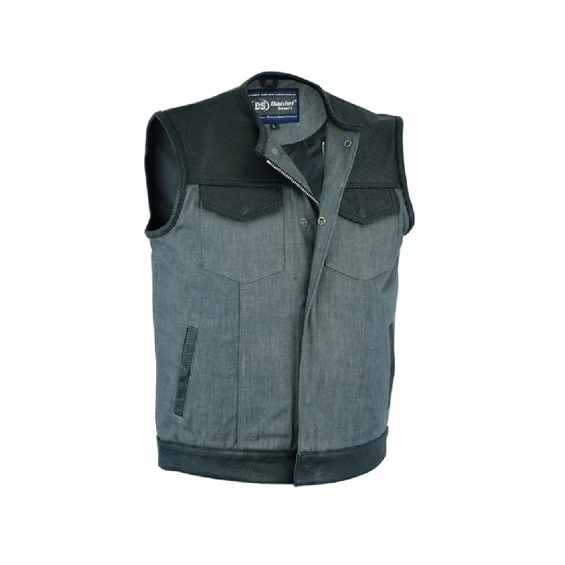 Men’s Perforated Leather/Denim Combo Vest (Black/ Ash Gray)