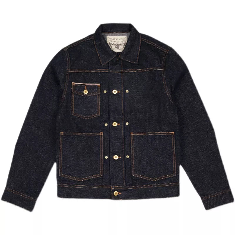 Men's Selvedge Denim Jacket - Heavy Washed Motorcycle Cowboy Coat