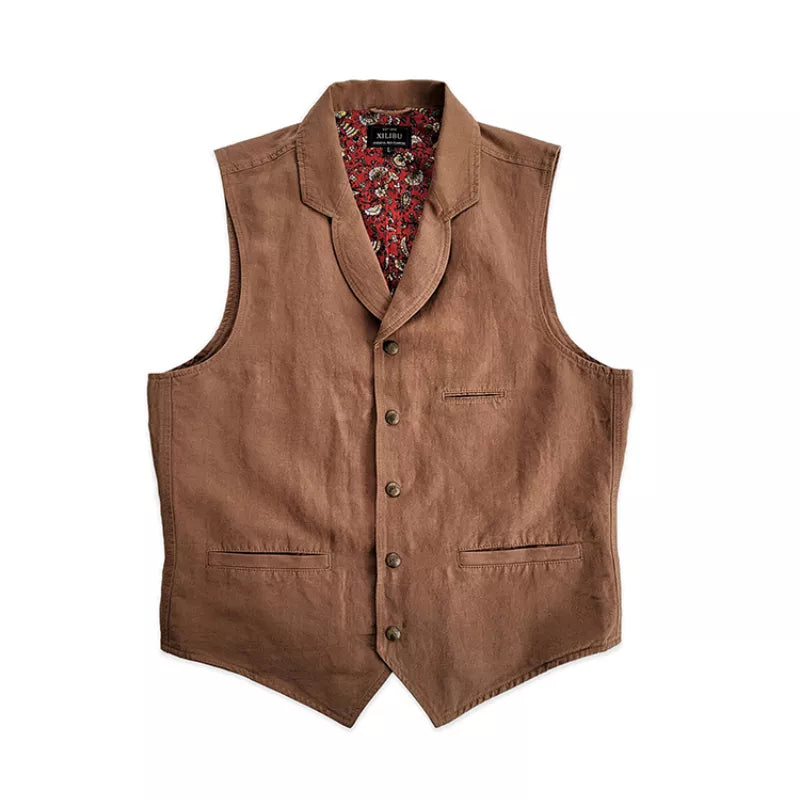 Men's Linen Cotton Brown Vest Suit Collar - Gentlemen Elegant Style