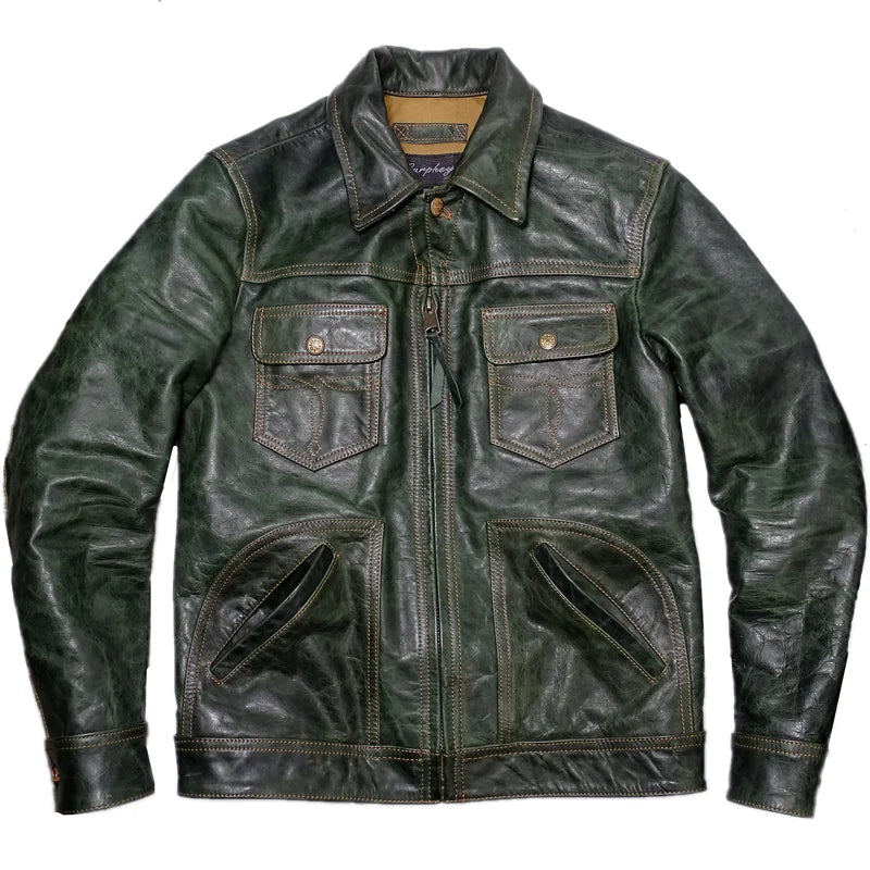 Men's Horsehide Leather Jacket Short Slim Stiff Green Classic Cowboy Coat