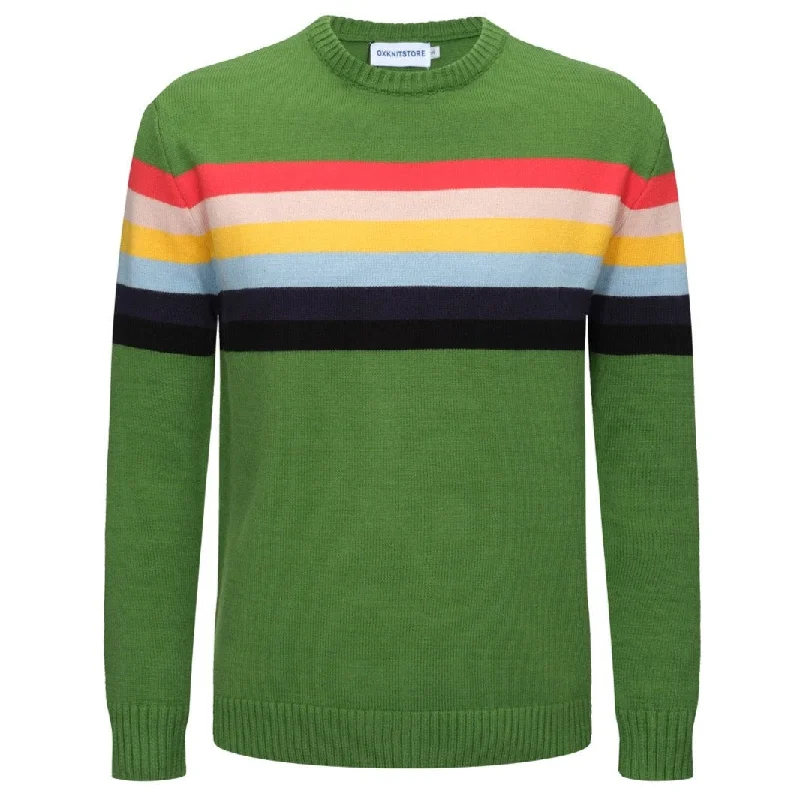 Men's Rainbow Striped Chest Print Green Sweater