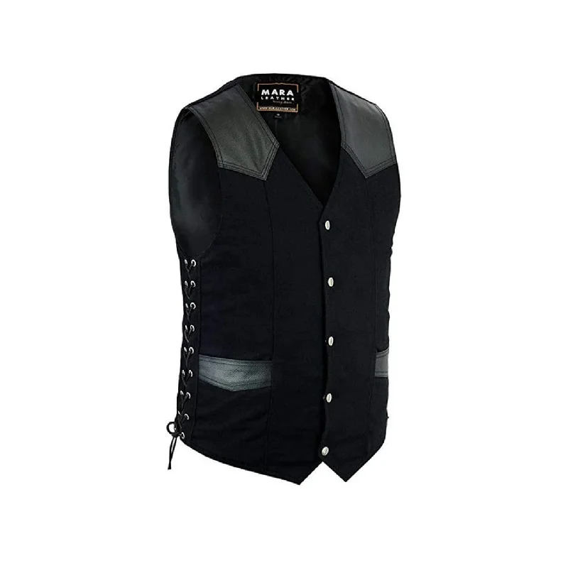 Mara Leather 100% Cotton Adjustable Black Denim Motorcycle Vest W/Leather Touch