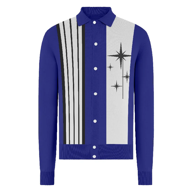 Men's blue 50s jacquard long-sleeved cardigan