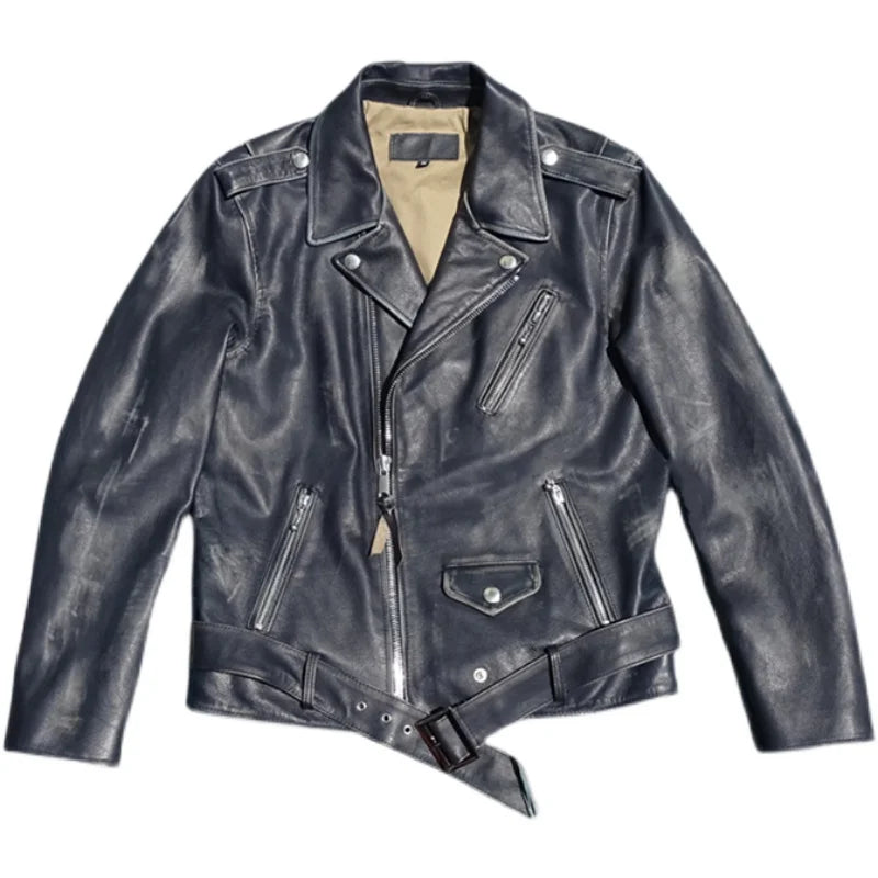 Genuine Leather Jacket for Men - Distressed Motorcycle Style with Belt