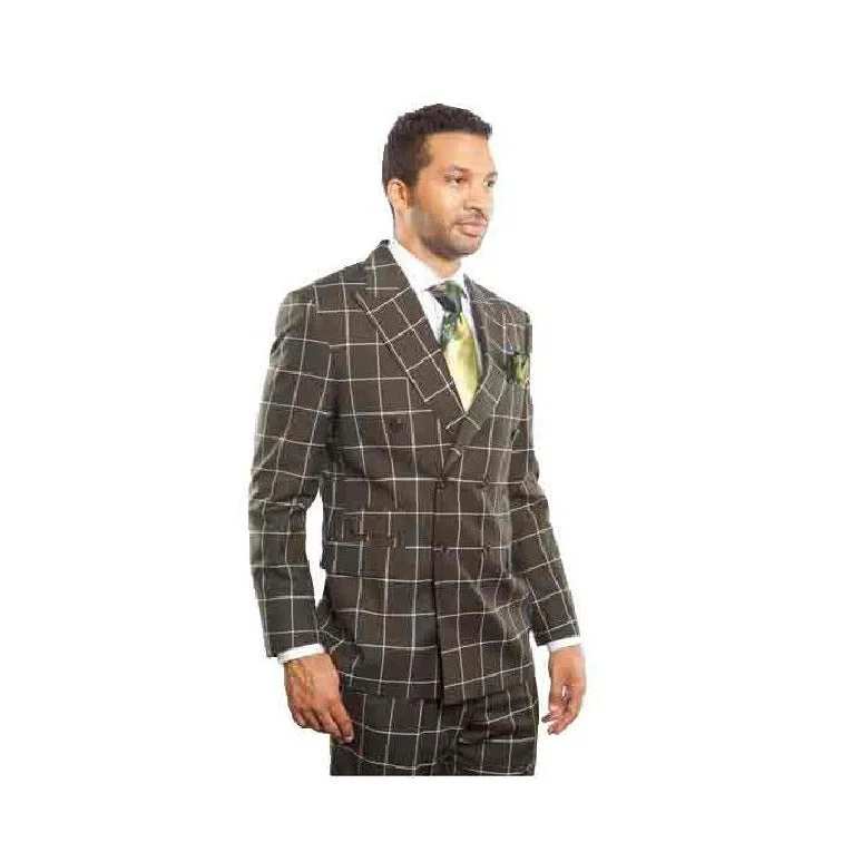 Mens Double Breasted Dark Green Plaid Windowpane Sport Coat