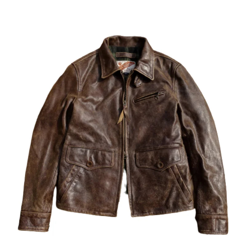 Men's Distressed Vintage Leather Jacket - Cowhide Sboy Type