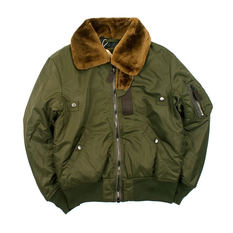 B-15 Bomber Jacket with Detachable Wool Collar - Oversize Thicken Military Coat