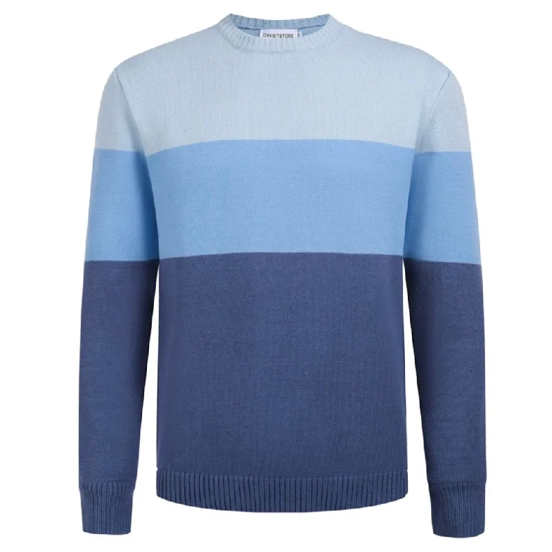 Men's Classic Blue Gradient Knit Sweater – Soft and Stylish Color Block Pullover for Timeless Comfort