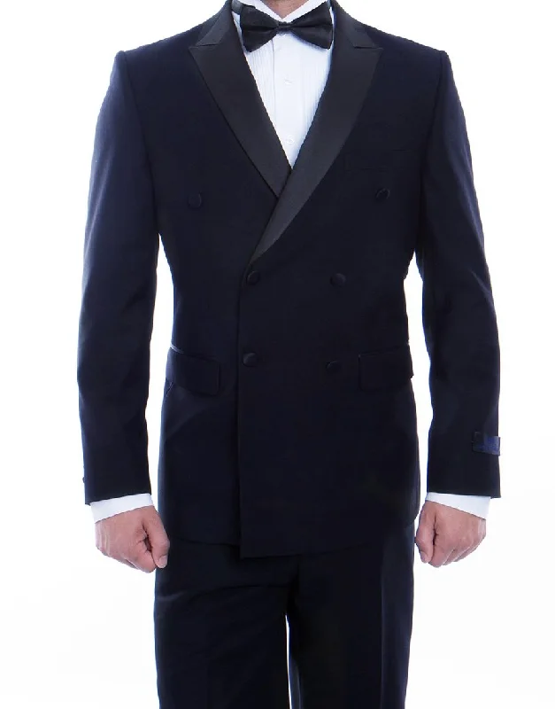 Double Breasted Slim Fit Tuxedo Navy with Black Satin Peak Lapel