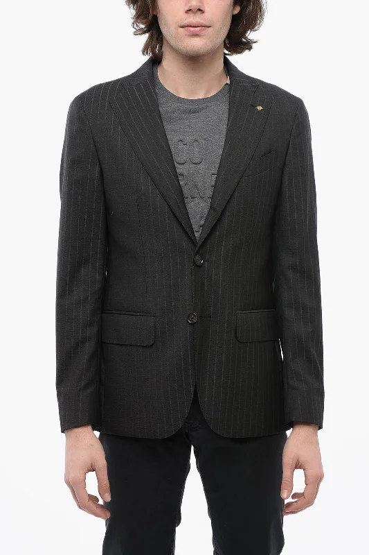 Corneliani Cc Collection Pinstriped Side Vents Notch Lapel 3-Button Bla