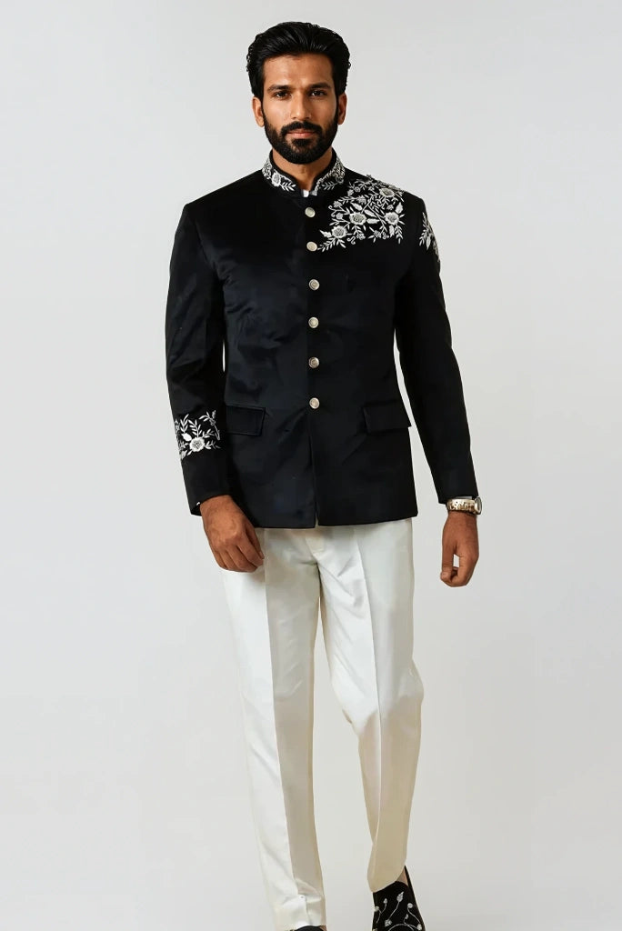 Mens Black Velvet Designer Embroidery Jodhpuri Bandhgala Suit Wedding Party Reception & Events Festive Wear