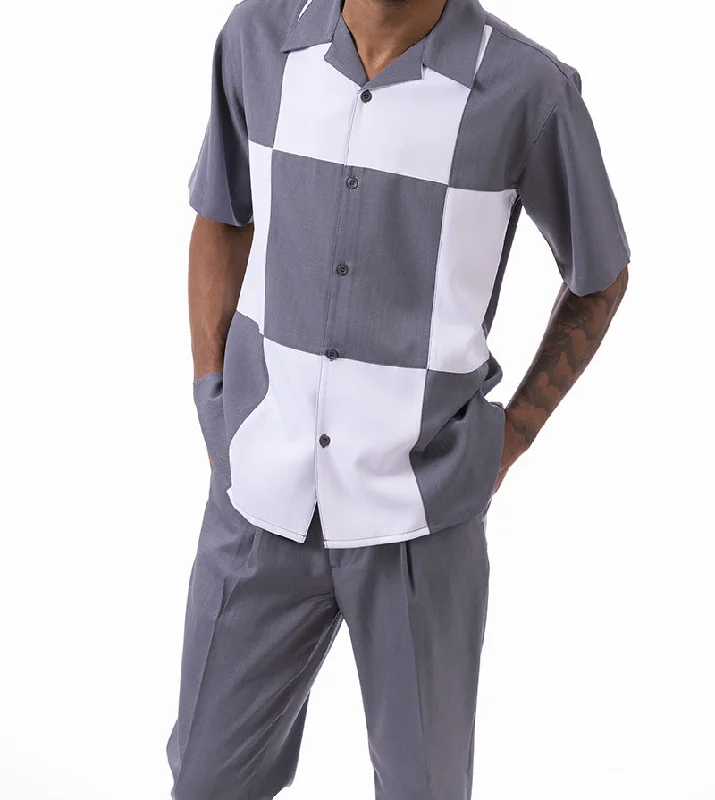 (XL/38) Gray Color Block Walking Suit 2 Piece Short Sleeve Set