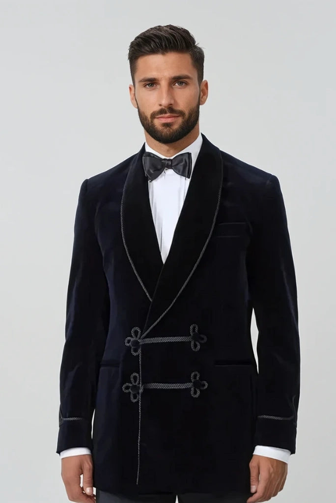 Men Navy Blue Smoking Jacket Stylish Designer Jacket Dinner Party Wear Coat Men Velvet Warm Vintage Luxury Jacket