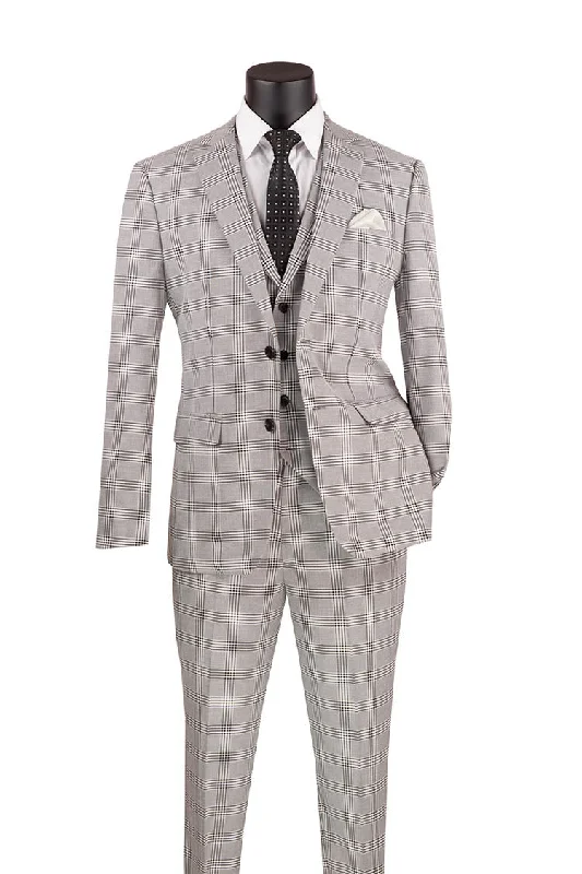 Slim Fit Suit Windowpane 3 Piece with Vest in Black/Gray