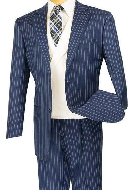 Helios Collection - Regular Fit 3 Piece Suit 2 Button Banker Stripe in Blue