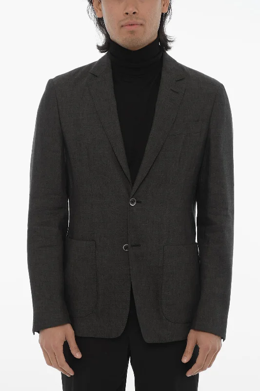 Corneliani Id Flax And Virgin Wool Unlined Blazer With Patch Pockets