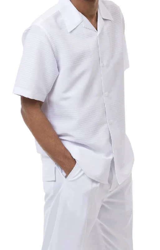 (XL/40) White Tone on Tone 2 Piece Short Sleeve Walking Suit Set