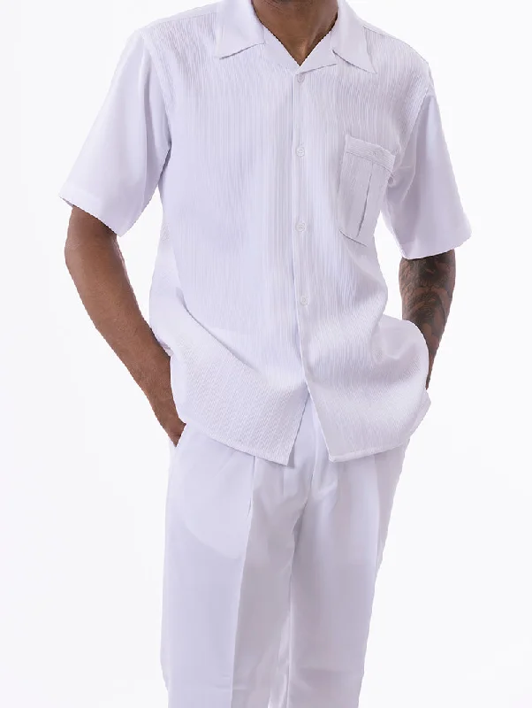 (L) White Tone on Tone Striped Walking Suit 2 Piece Short Sleeve Set