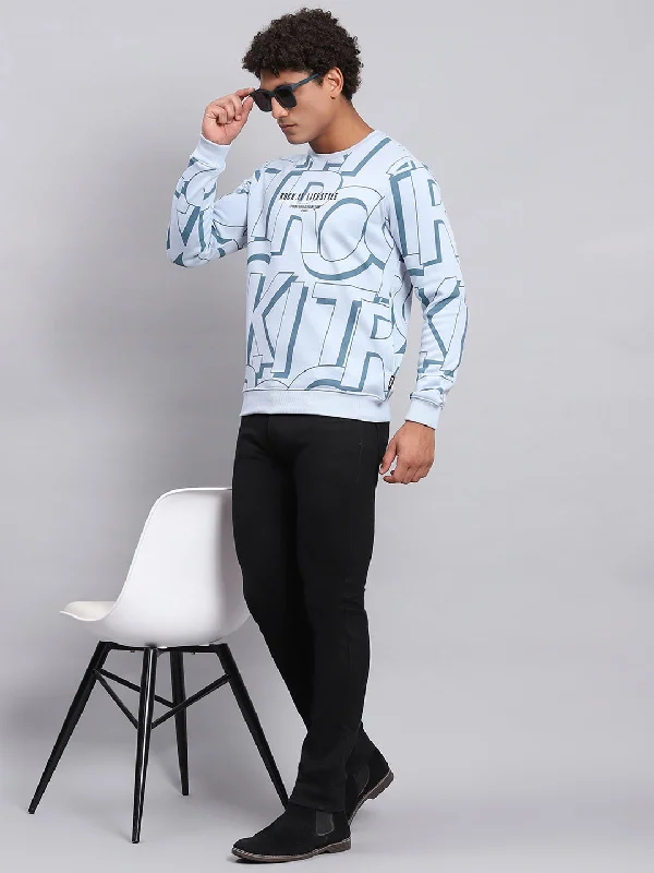 Men Blue Printed Round Neck Full Sleeve Sweatshirt