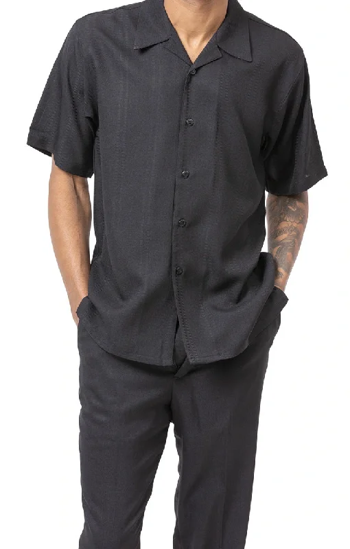 (L/36) Black 2 Piece Short Sleeve Tone on Tone Walking Suit Set