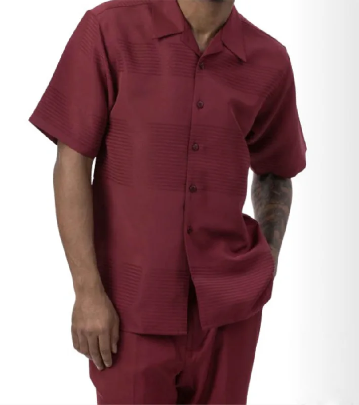 (6XL) Burgundy Tone on Tone 2 Piece Short Sleeve Walking Suit Set