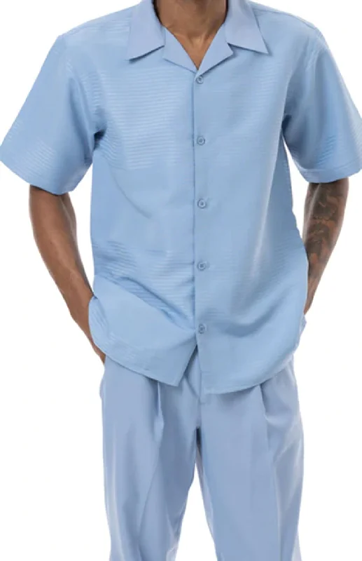 (3XL/44) Carolina Blue Tone on Tone 2 Piece Short Sleeve Walking Suit Set