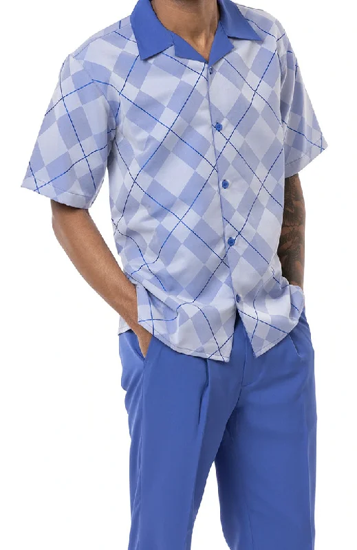 (4XL) Royal Blue 2 Piece Short Sleeve Men's Summer Walking Suit Argyle Pattern