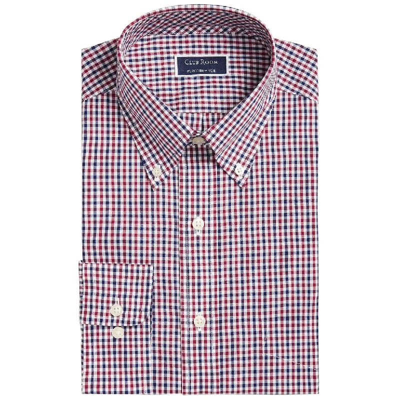 Club Room Men's Gingham Check Performance Dress Shirt Wine Size 34-35