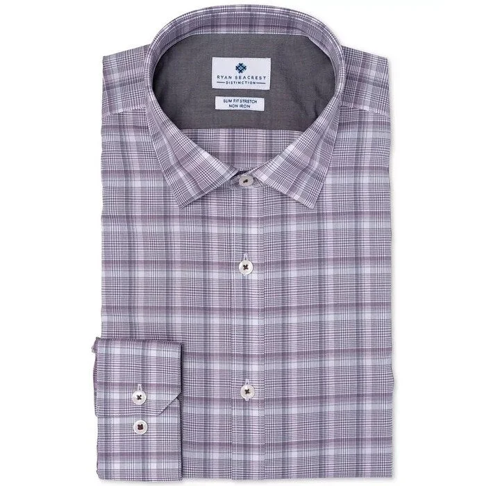 Ryan Seacrest Distinction Men's Ultimate Slim-Fit Non-Iron Performance Stretch Plaid Dress Shirt Purple Size 15.5X34-35