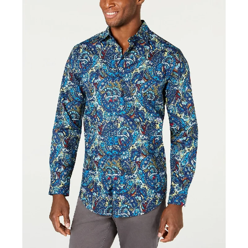 Tasso Elba Men's Stretch Florales Paisley Print Shirt Blue Size Extra Large