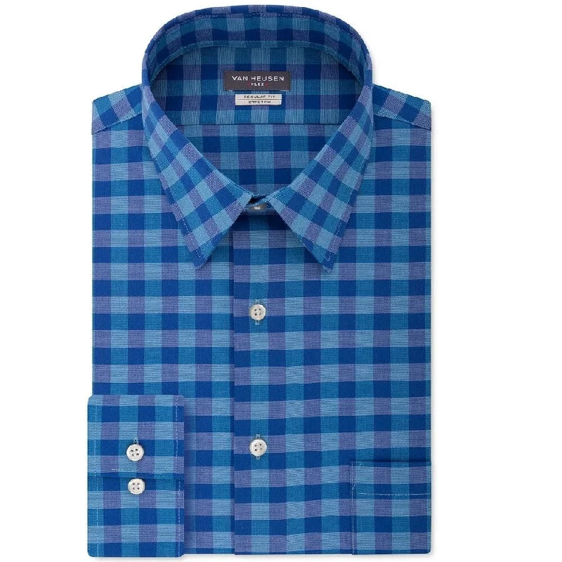 Van Heusen Men's Fit Flex Collar Check Dress Shirt Aqua Size 16-36-37