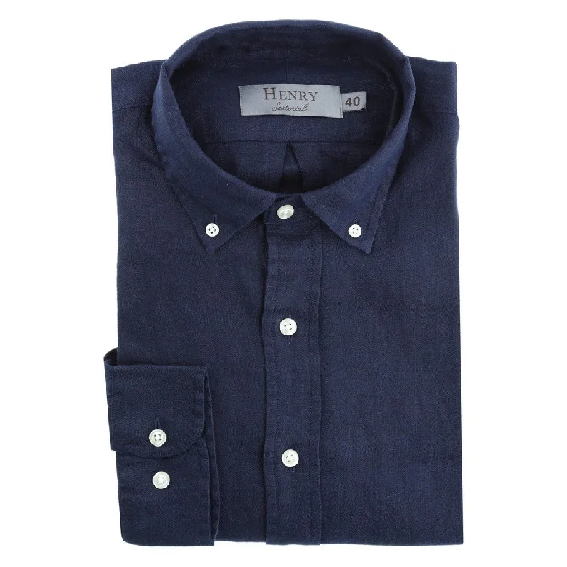 HENRY SARTORIAL Single Cuff Linen Shirt NAVY