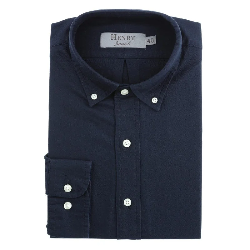 HENRY SARTORIAL Garment Washed Single Cuff Shirt NAVY