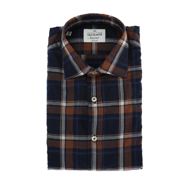 HENRY SARTORIAL X GHERARDI Check Cotton Shirt NAVY/ORANGE