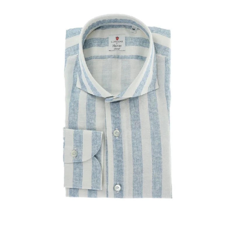 HENRY SARTORIAL X CORDONE Cotton/Linen Stripe Shirt BLUE/WHITE