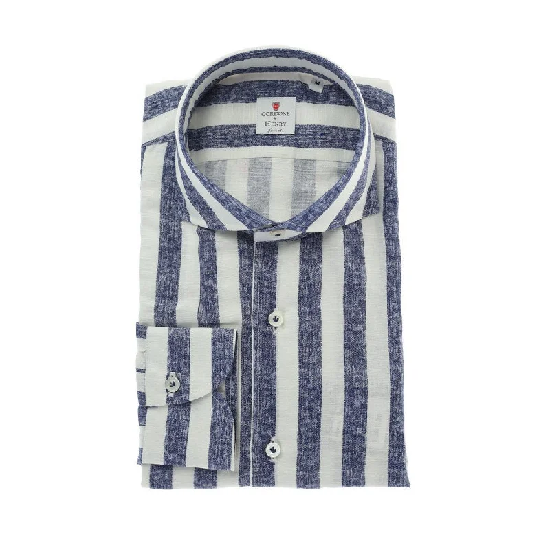 HENRY SARTORIAL X CORDONE Cotton/Linen Stripe Shirt BLUE/WHITE