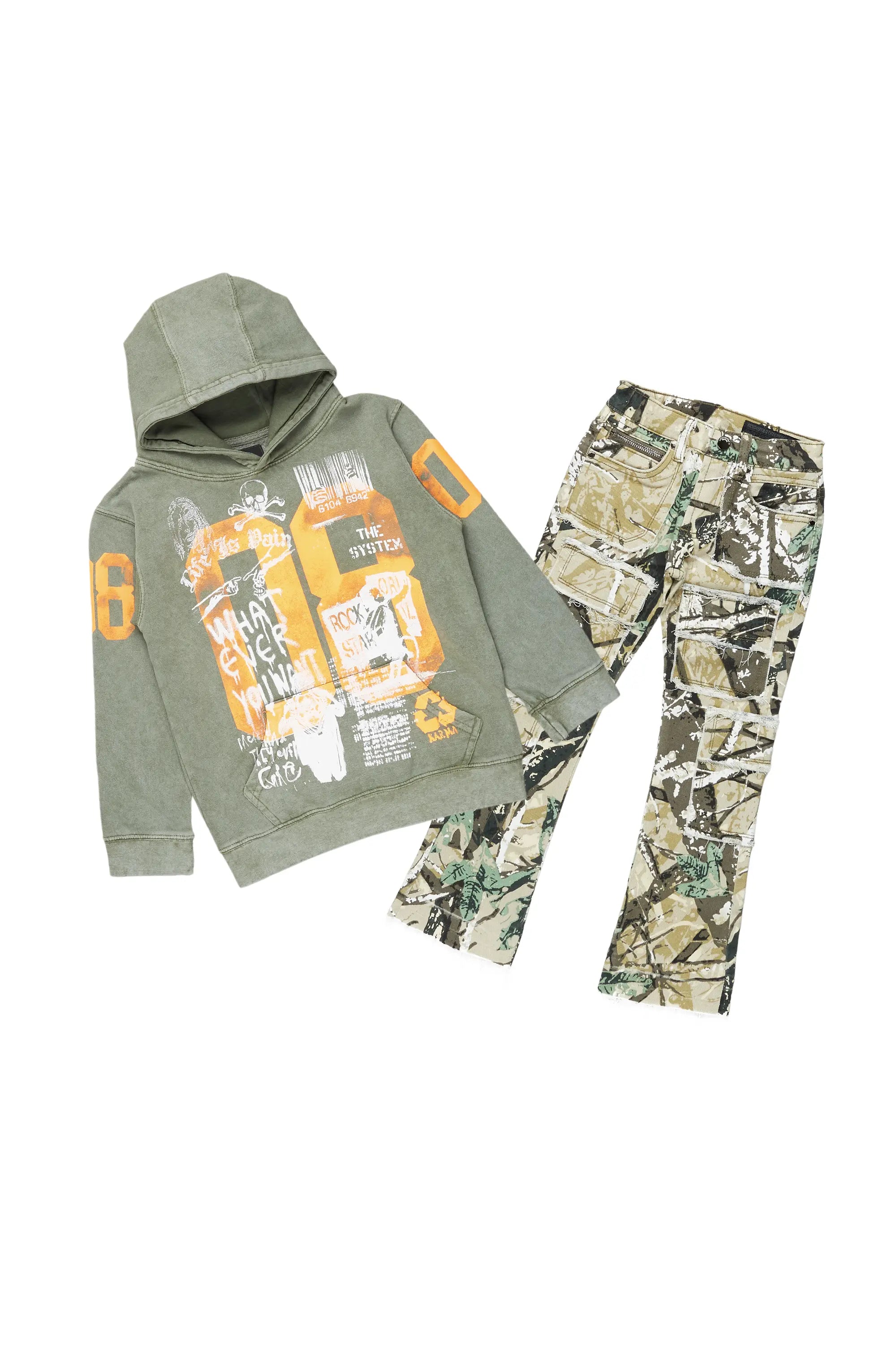 Boys Beau Tree Camo Hoodie/Stack Flare Jean Set