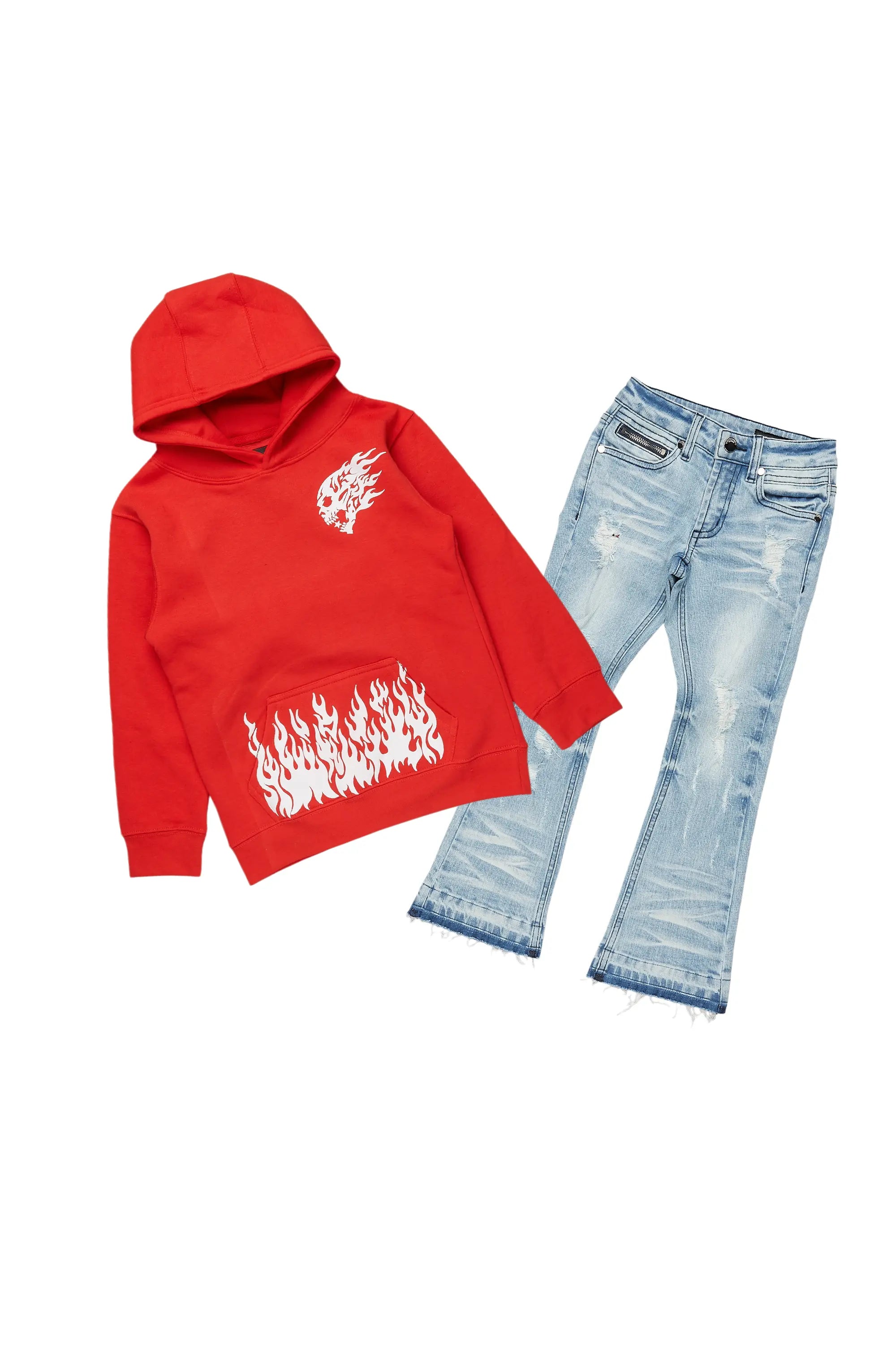 Boys Bubble Red Hoodie/Stacked Flare Jean Set