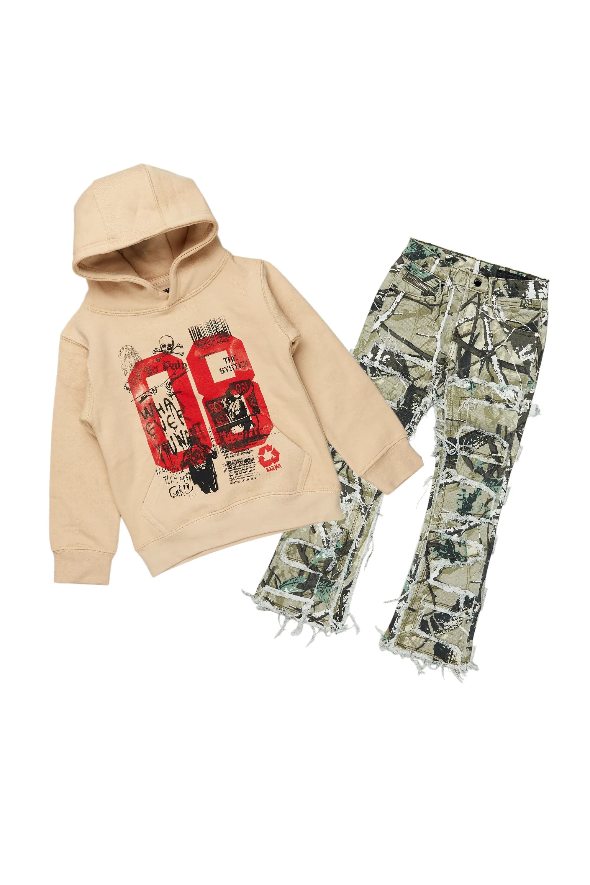 Girls Kammy Beige/Tree Camo Hoodie/Stacked Flare Jean Set