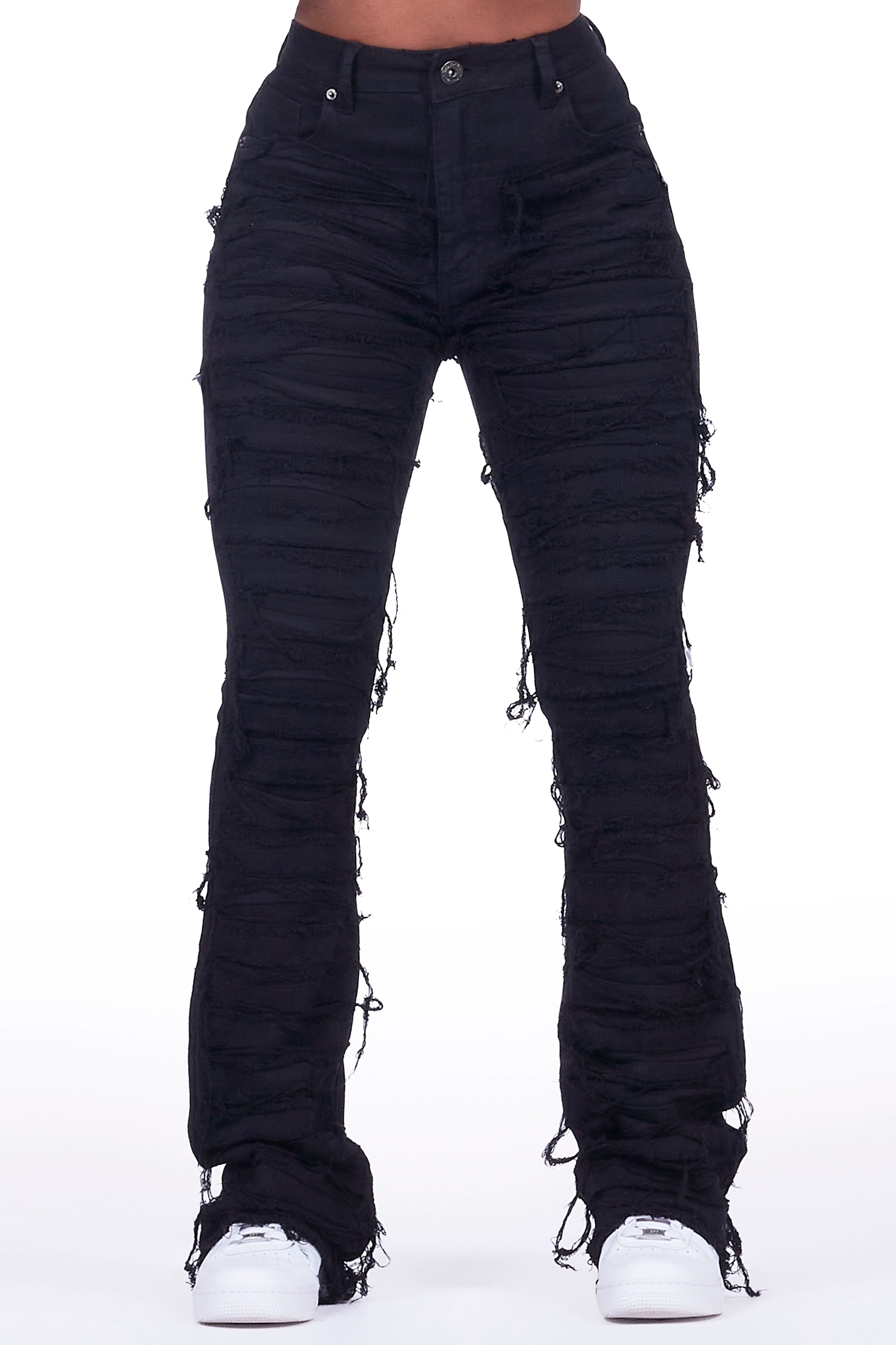 Tashiana Black Stacked Flare Jean