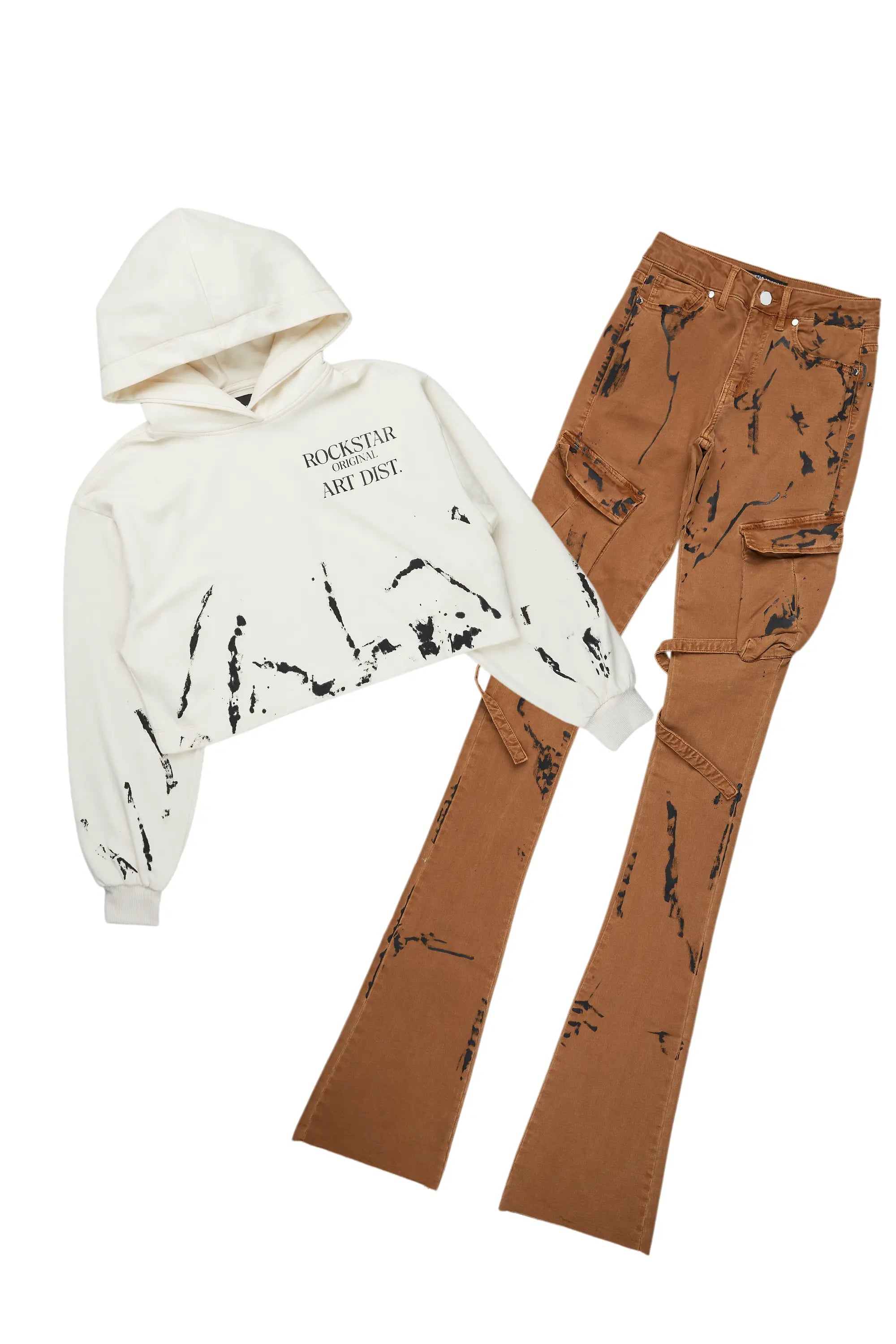 Marteona Beige/Camel Hoodie/Super Stacked Jean Set