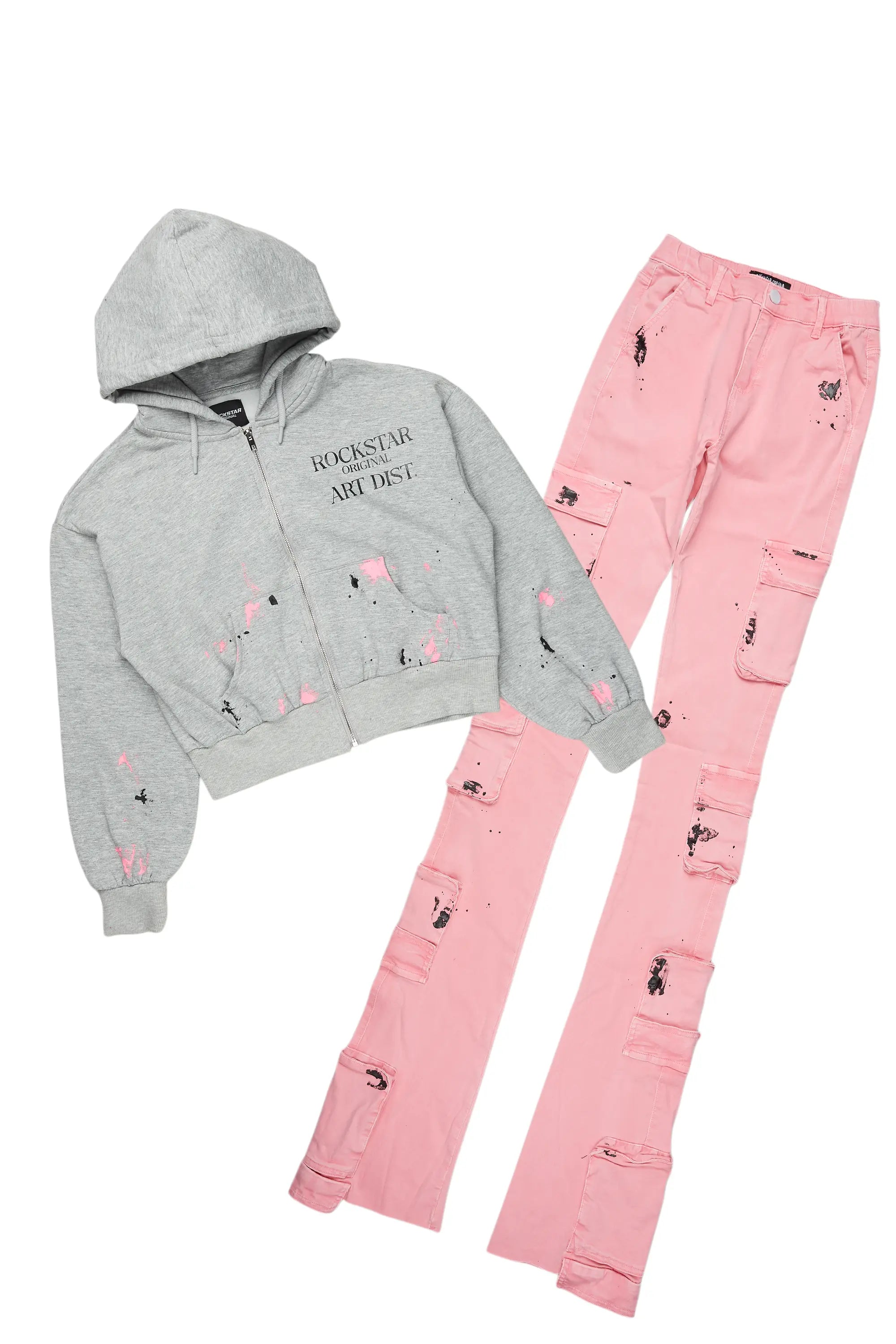 Kelony Grey/Pink Hoodie/Super Stacked Jean Set