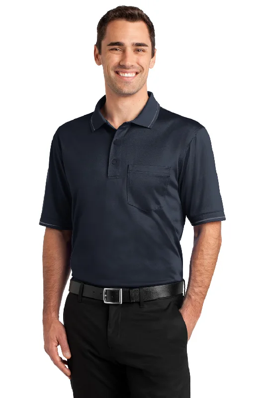 CornerStone Mens Select Moisture Wicking Short Sleeve Polo Shirt w/ Pocket - Dark Navy Blue/Smoke Grey - Closeout