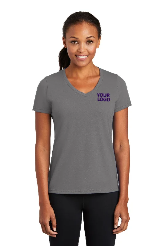 Port & Company Ladies Performance Blend Customized V-Neck Tee's, Medium Grey