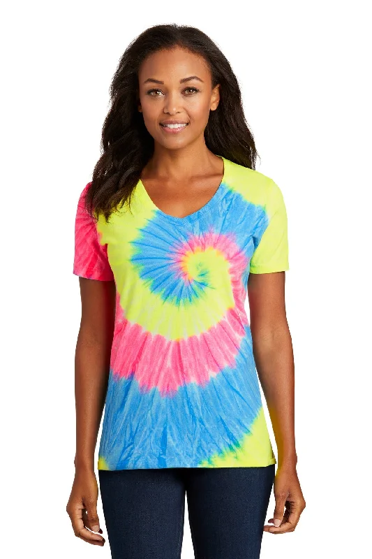 Port & Company Ladies Tie Dye Custom V-Neck Tee's, Neon Rainbow