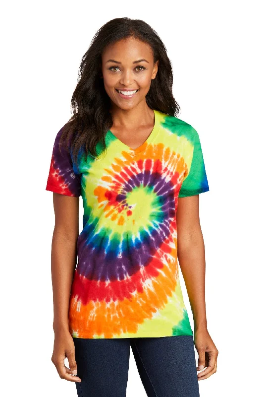 Port & Company Ladies Tie Dye Custom V-Neck Tee's, Rainbow