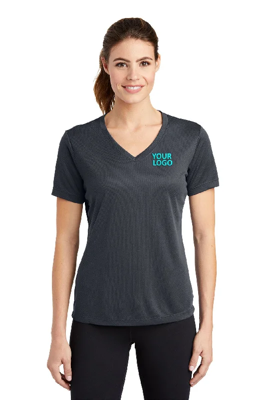 Sport-Tek Ladies PosiCharge Branded RacerMesh V-Neck Tee's, Graphite Grey