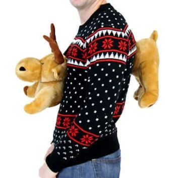 Black 3-D Ugly Christmas Sweater with Stuffed Moose