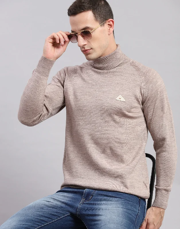 Men Beige Solid High Neck Full Sleeve Pullover