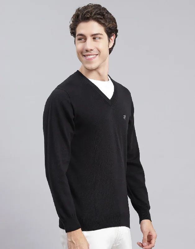 Men Black Solid V Neck Full Sleeve Pullover